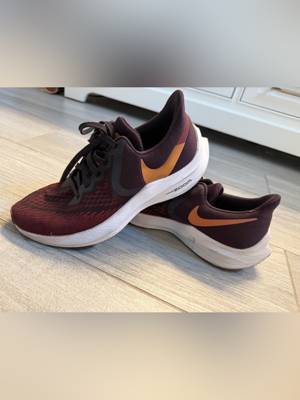 Nike Maroon Running Shoes with rose gold Swoosh